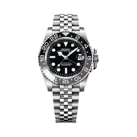 Rosevari GMT Bruce Wayne Seiko mod watch with grey and black 24-hour bezel on a steel bracelet