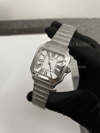 Santos (White) Seiko NH35 automatic mod watch. A white dial watch with a silver bezel and metal link bracelet held in a gloved hand at an angle.