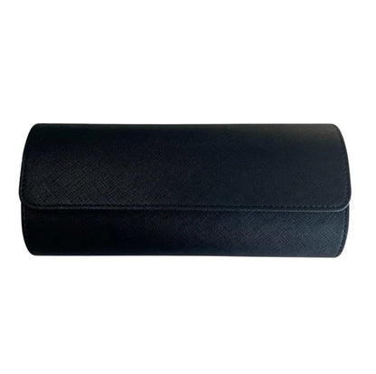 3 Piece - Watch Travel Case (Black). A closed black textured leather watch roll case is shown in a studio shot.
