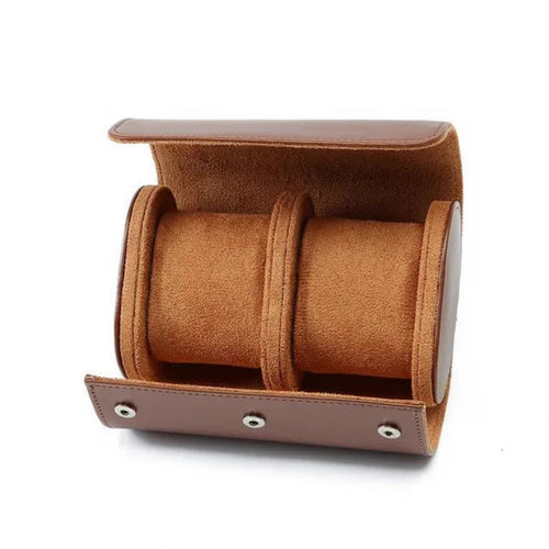 2 Piece - Watch Travel Case (Brown). A brown leather watch roll case with two suede cushions inside shown from a front angle.