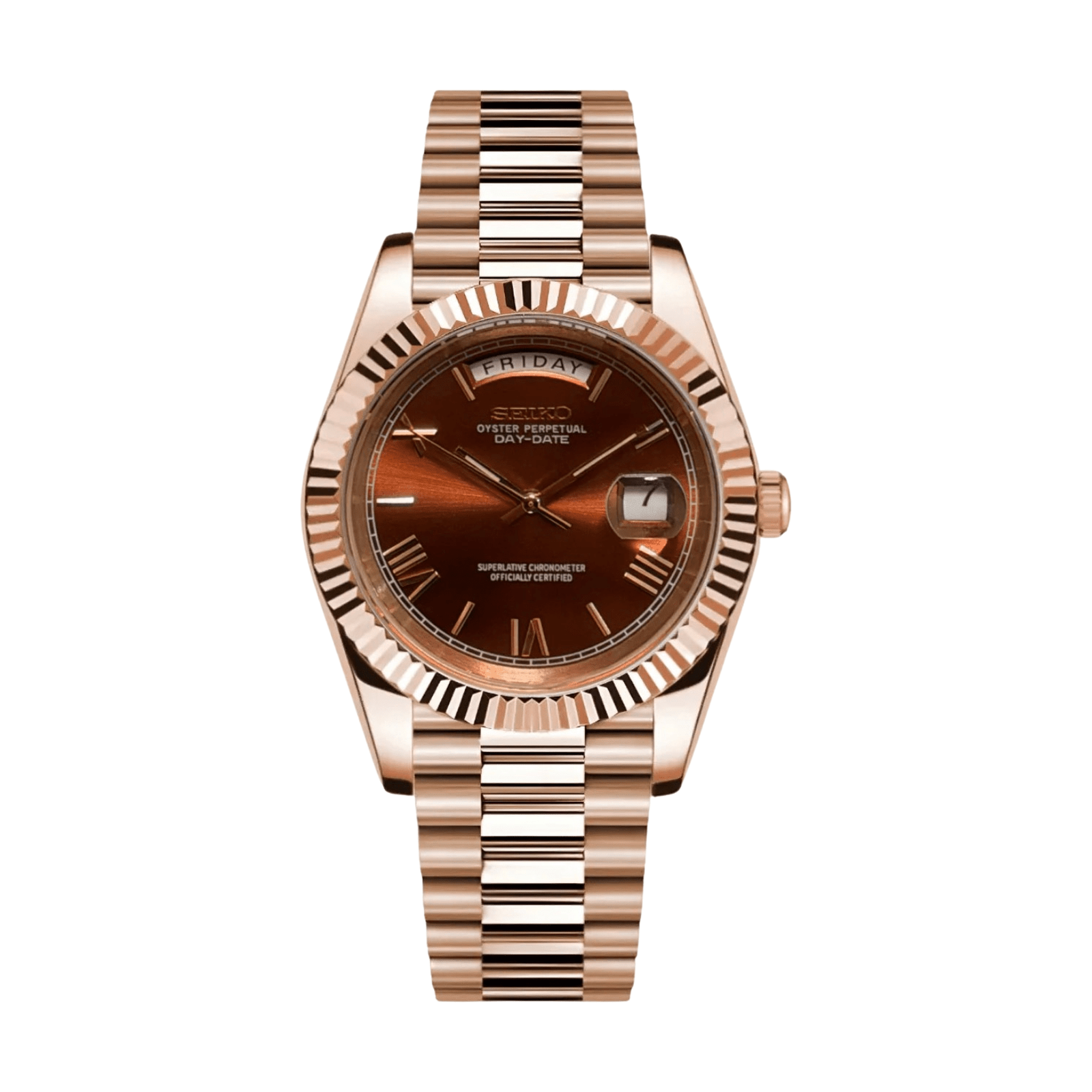 Day-Date (Rose Gold Roman Chocolate) Japanese automatic mod watch. A chocolate dial watch with a fluted bezel and a president bracelet, shown in a full product shot.