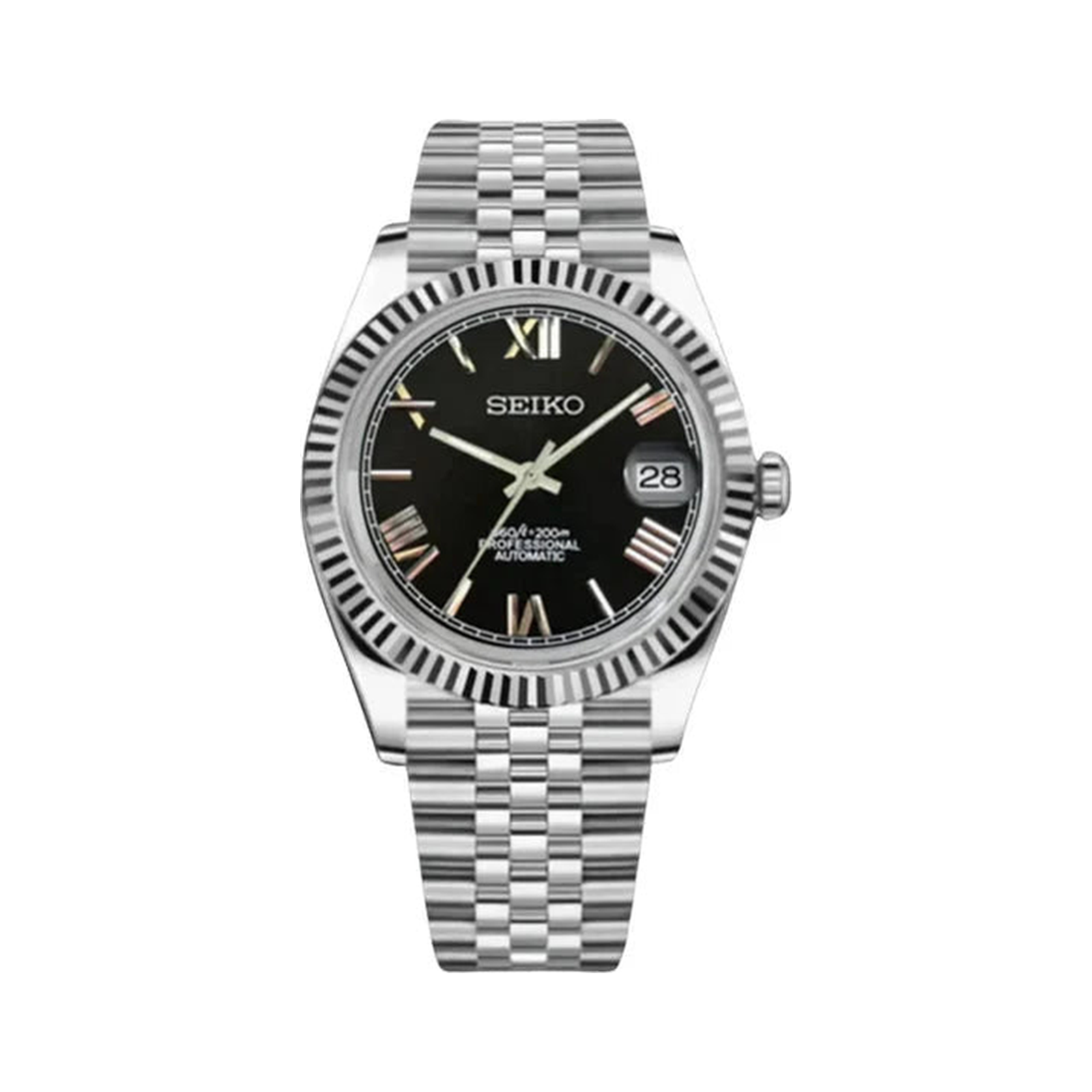 Datejust (Black Roman) Seiko NH35 automatic mod watch. A black dial watch with a silver fluted bezel and a jubilee bracelet shown in a full product shot.