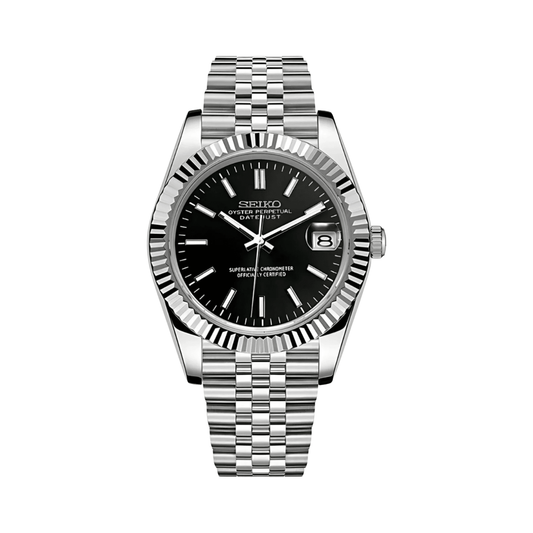 Datejust (Classic Black) Seiko NH35 automatic mod watch. A black dial watch with a fluted bezel and a jubilee bracelet, shown in a full product shot.