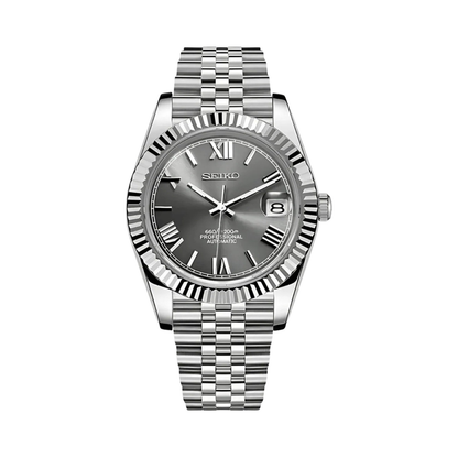 Datejust (Grey Roman) Seiko NH35 automatic mod watch. A grey dial watch with a silver fluted bezel and a metal jubilee bracelet shown in a full product shot.