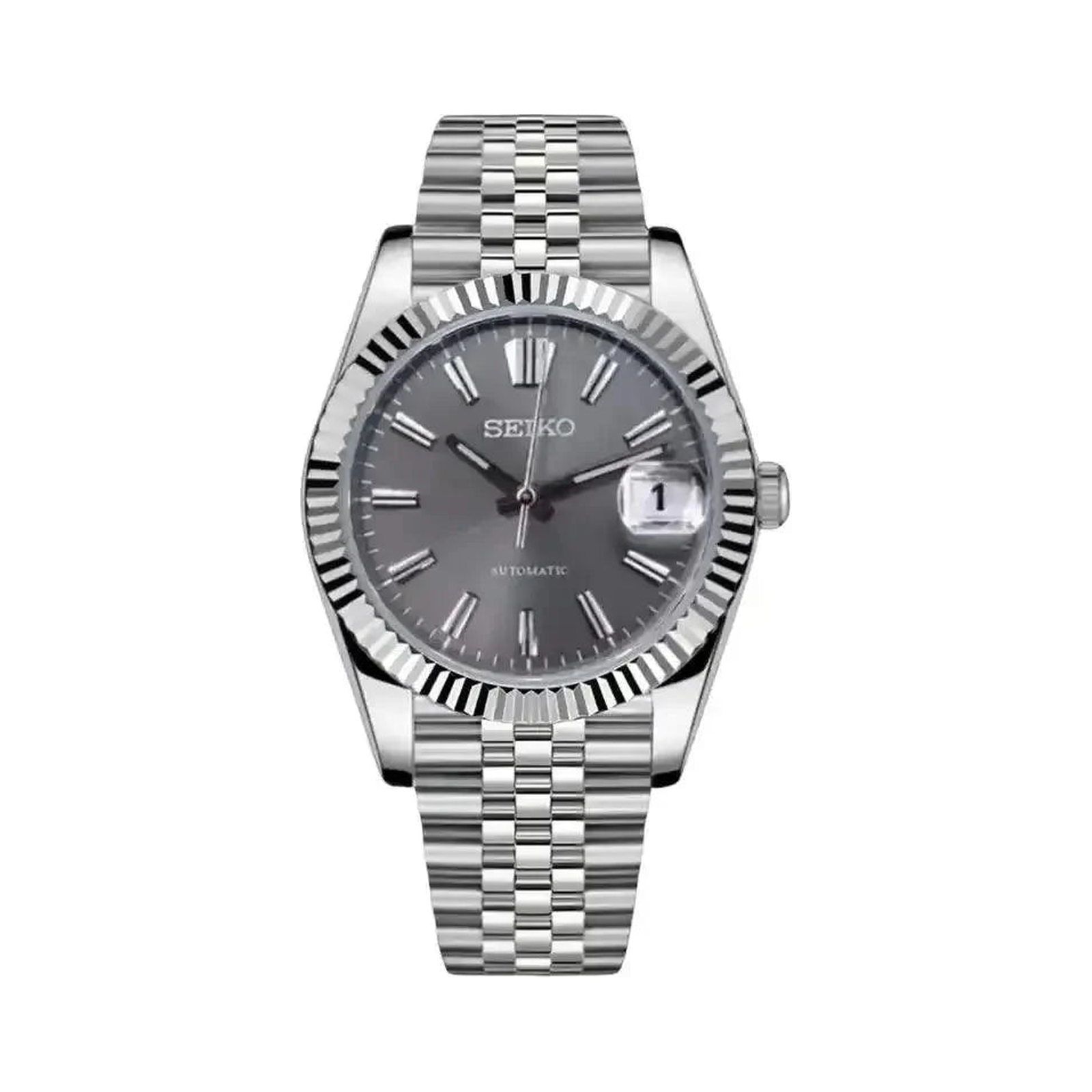 Datejust (Sunburst Grey) Seiko NH35 automatic mod watch. A grey dial watch with a fluted bezel and a jubilee bracelet, shown in a full product shot.