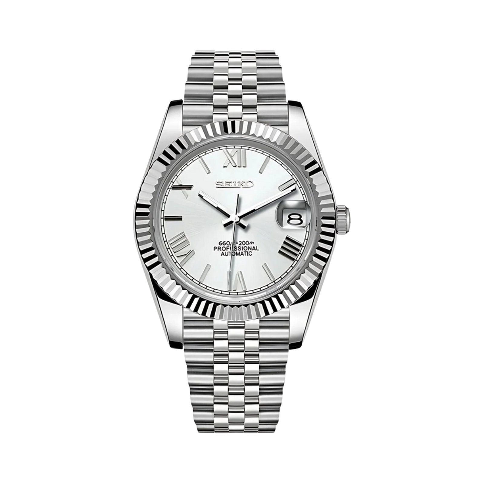Datejust (White Roman) Seiko NH35 automatic mod watch. A silver dial watch with a fluted bezel and a metal link bracelet shown in a full product shot.