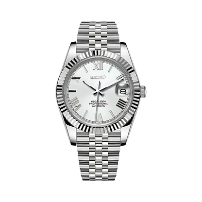 Datejust (White Roman) Seiko NH35 automatic mod watch. A silver dial watch with a fluted bezel and a metal link bracelet shown in a full product shot.