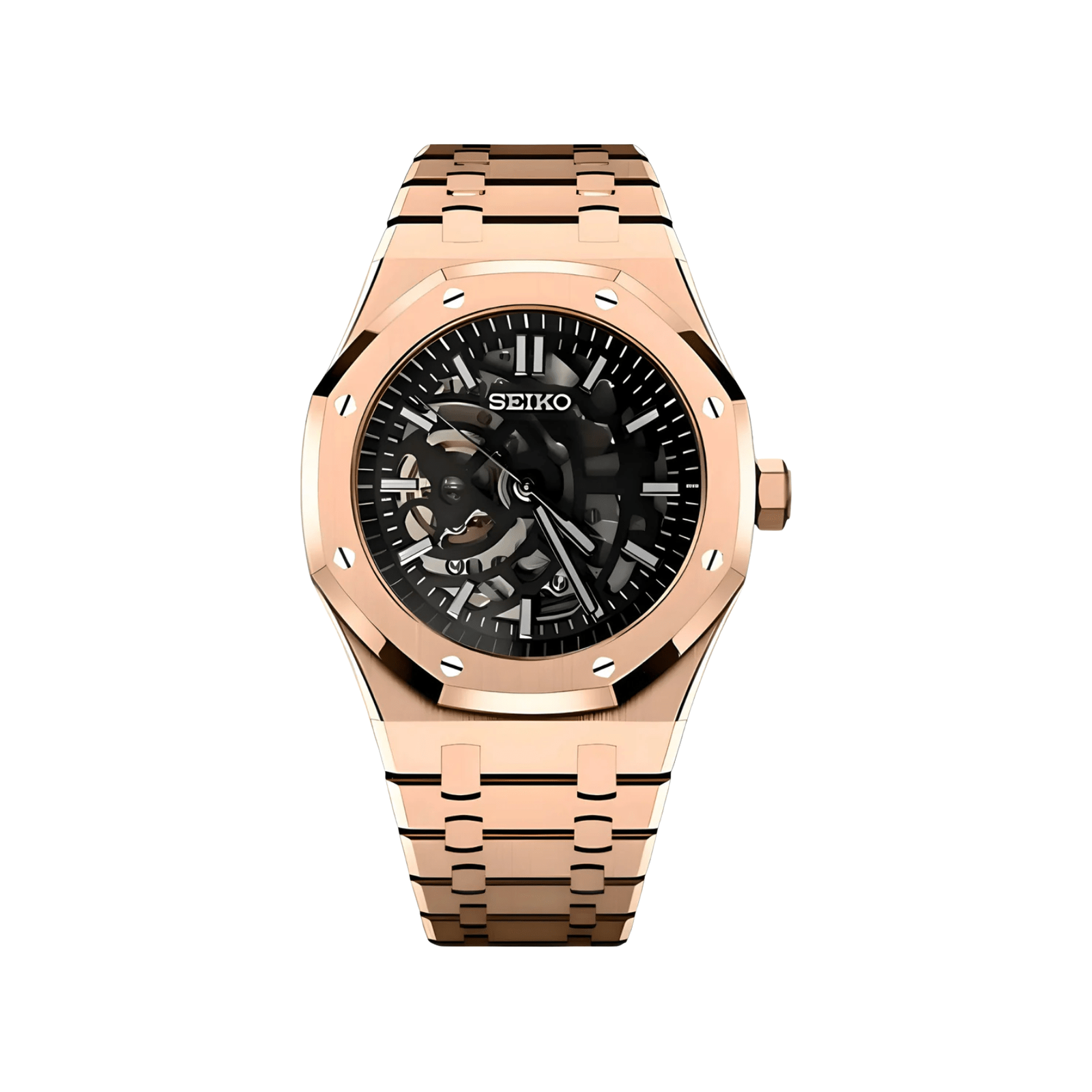 Royal Oak (Rose Gold Skeleton) Seiko NH38 open-heart automatic mod watch. A black dial watch with a octagonal bezel and a steel bracelet, shown in a full product shot.