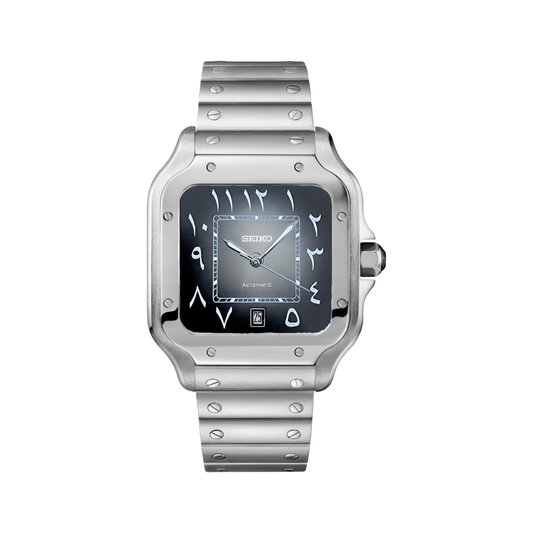 Santos (Arabic Gray) Seiko NH35 automatic mod watch. A black dial watch with a smooth bezel and a steel bracelet, shown in a full product shot.