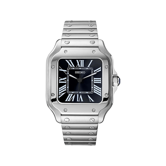 Santos (Classic Black) Seiko NH35 automatic mod watch. A black dial watch with a smooth bezel and a steel bracelet, shown in a full product shot.