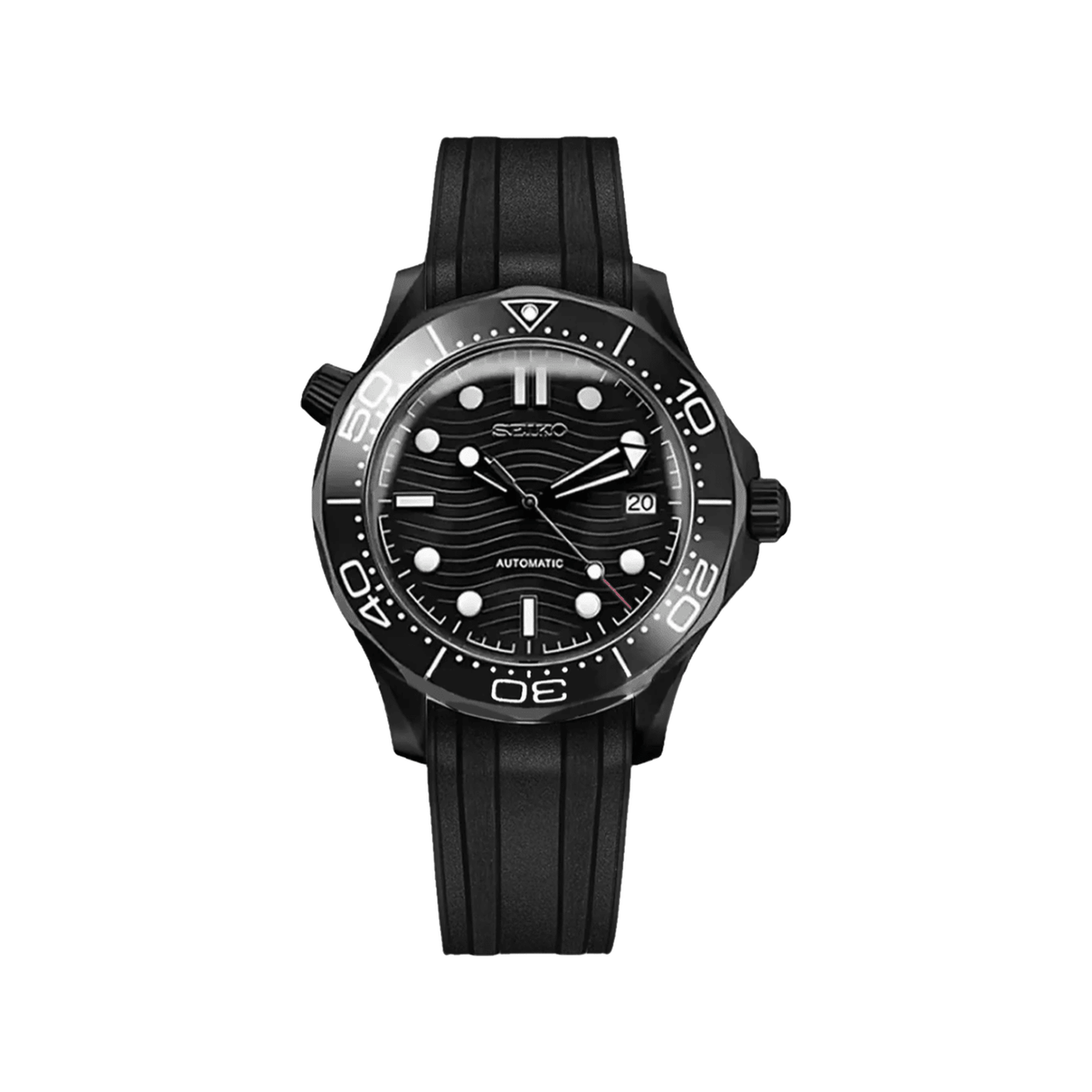 Seamaster (Black Silicone) Seiko NH35 automatic mod watch. A black dial watch with a rotating dive bezel and a rubber strap, shown in a full product shot.