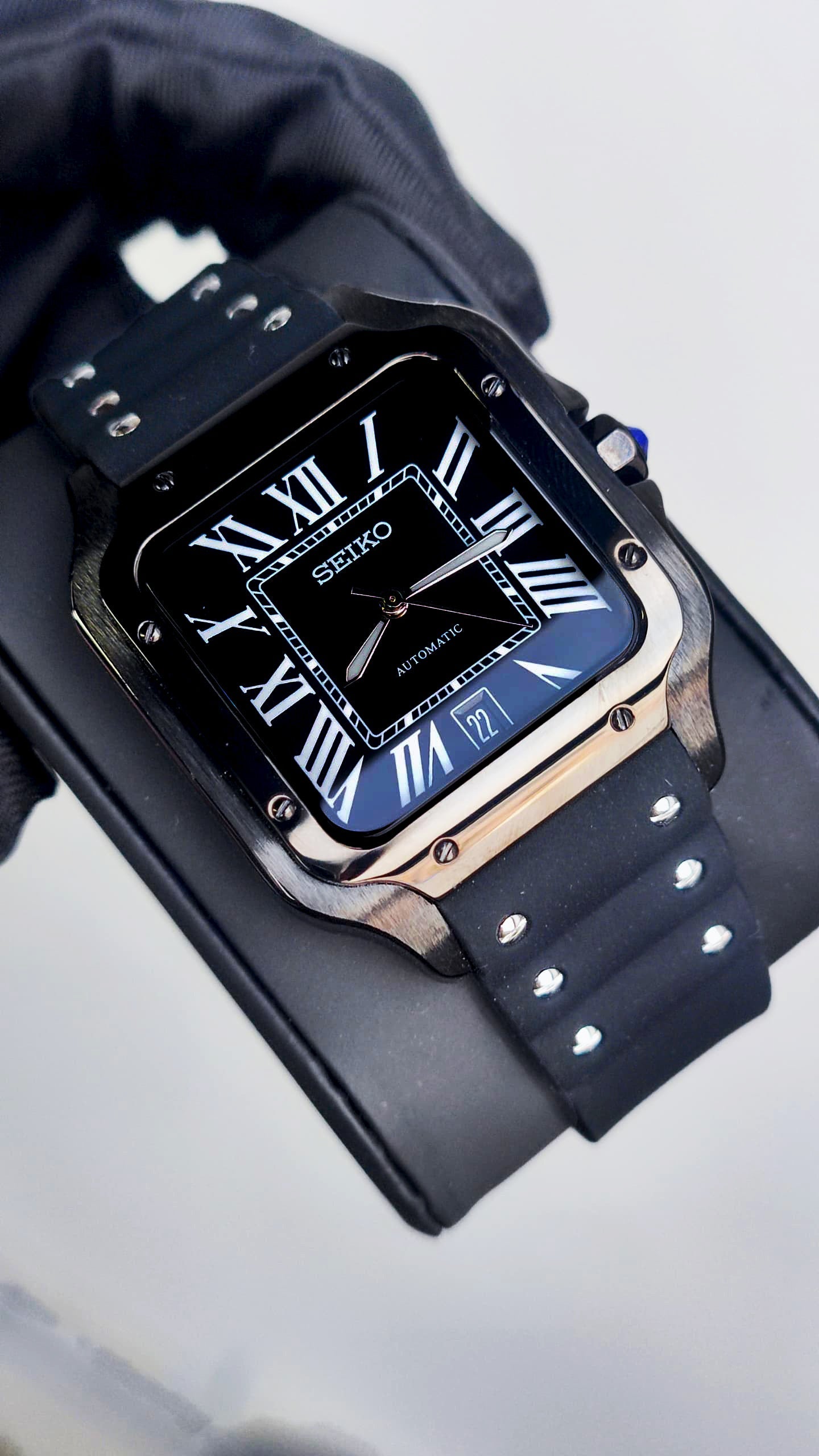 Santos (Black) Seiko NH35 automatic mod watch. A full watch shot showing a black dial with white Roman numerals and a black rubber strap.
